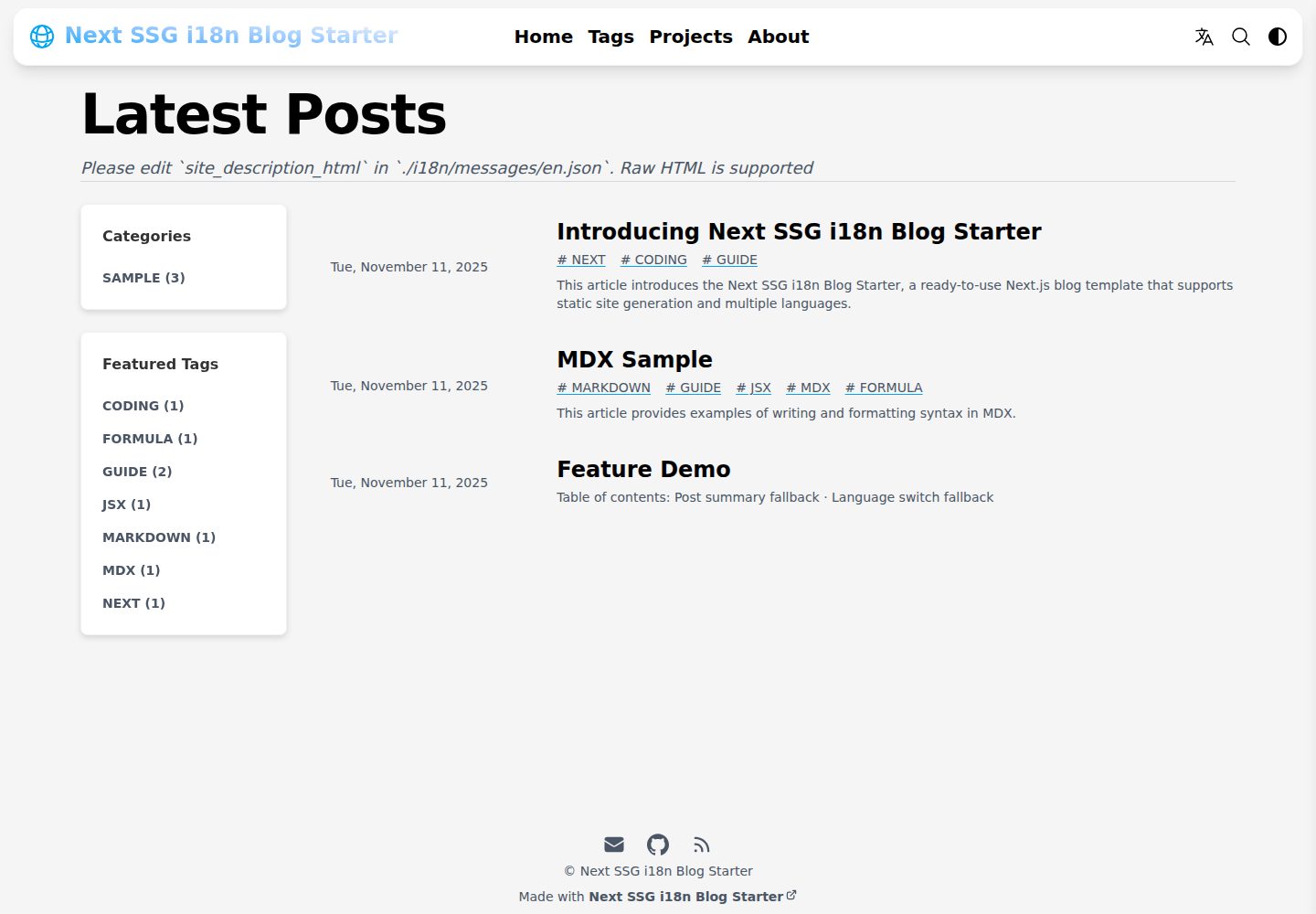 next-ssg-i18n-blog-starter · Desktop homepage