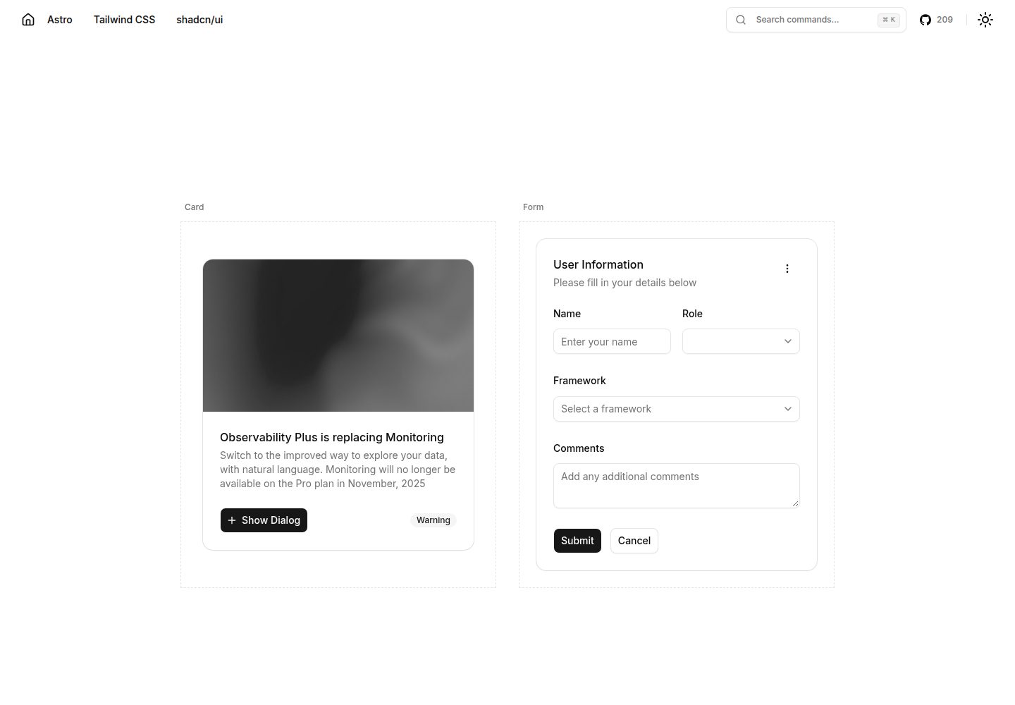 astro-shadcn-ui-template 网站模板截图