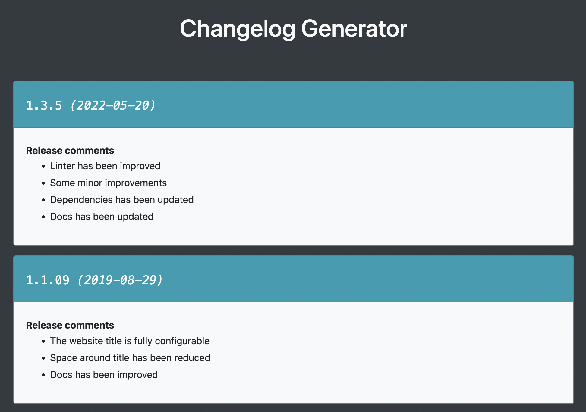 changelog-generator 网站模板截图