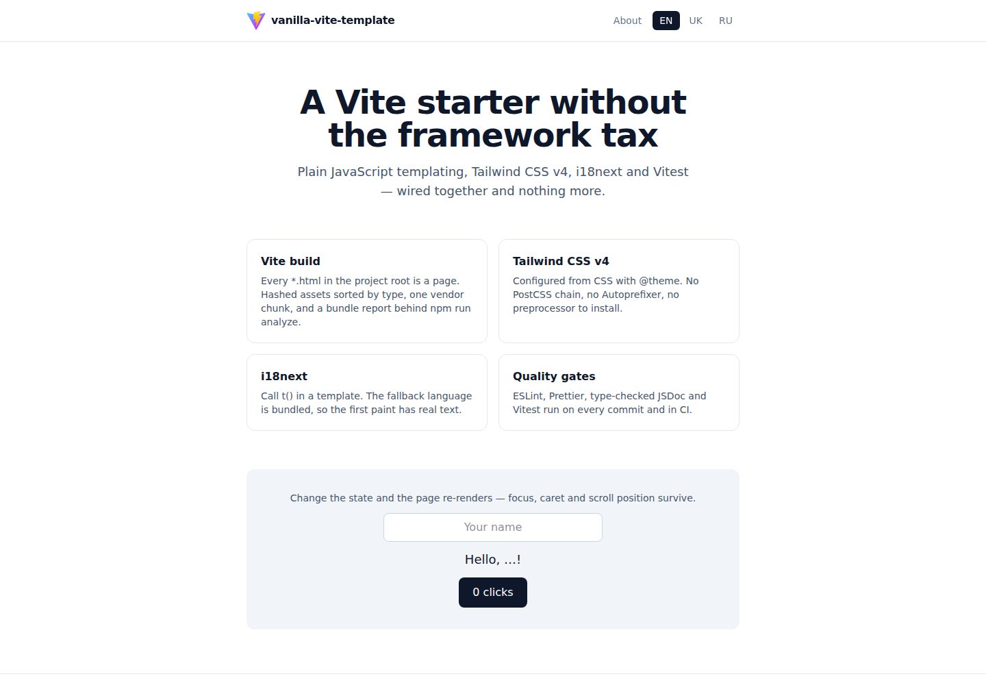 vanilla-vite-template · Desktop homepage