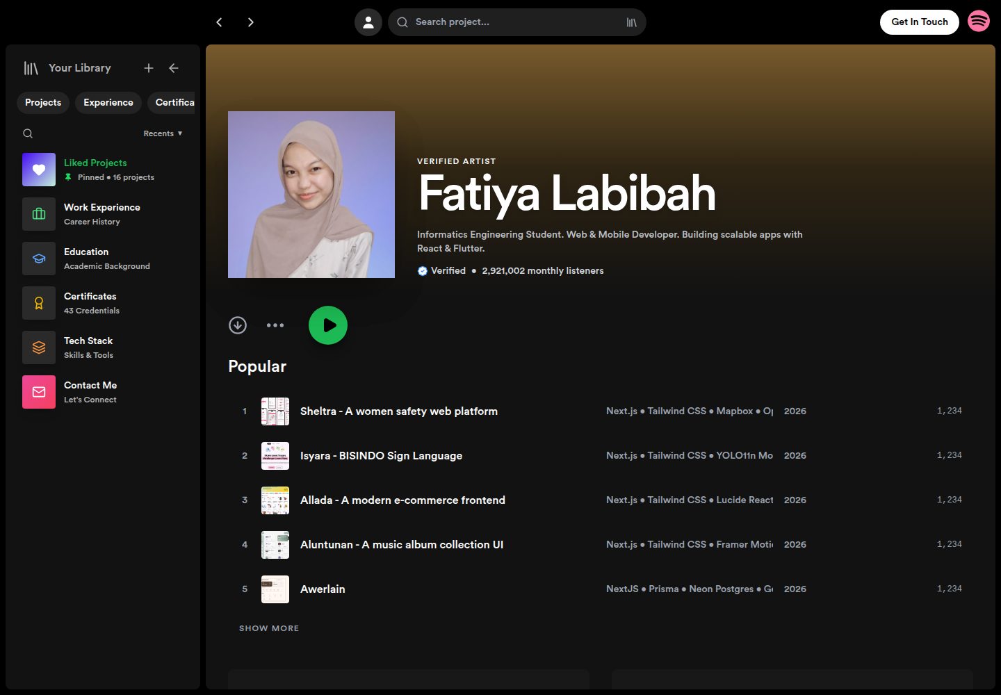 portfolio-spotify 网站模板截图