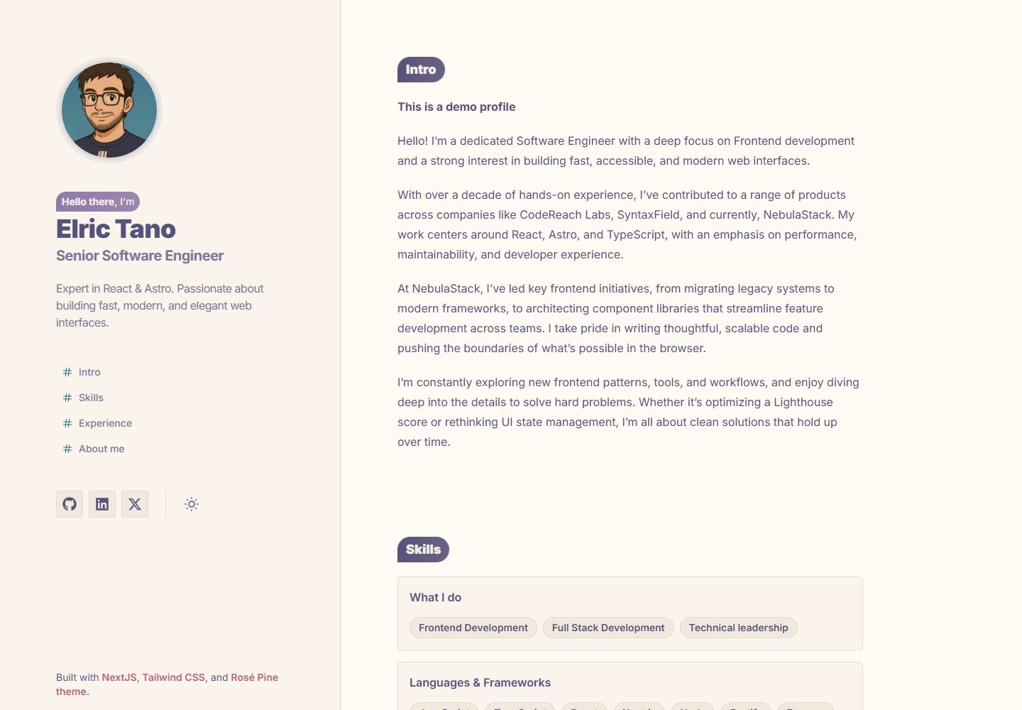 nextjs-resume-rose-pine · 桌面端首页