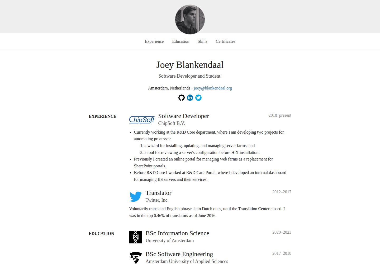 Resume · Desktop homepage