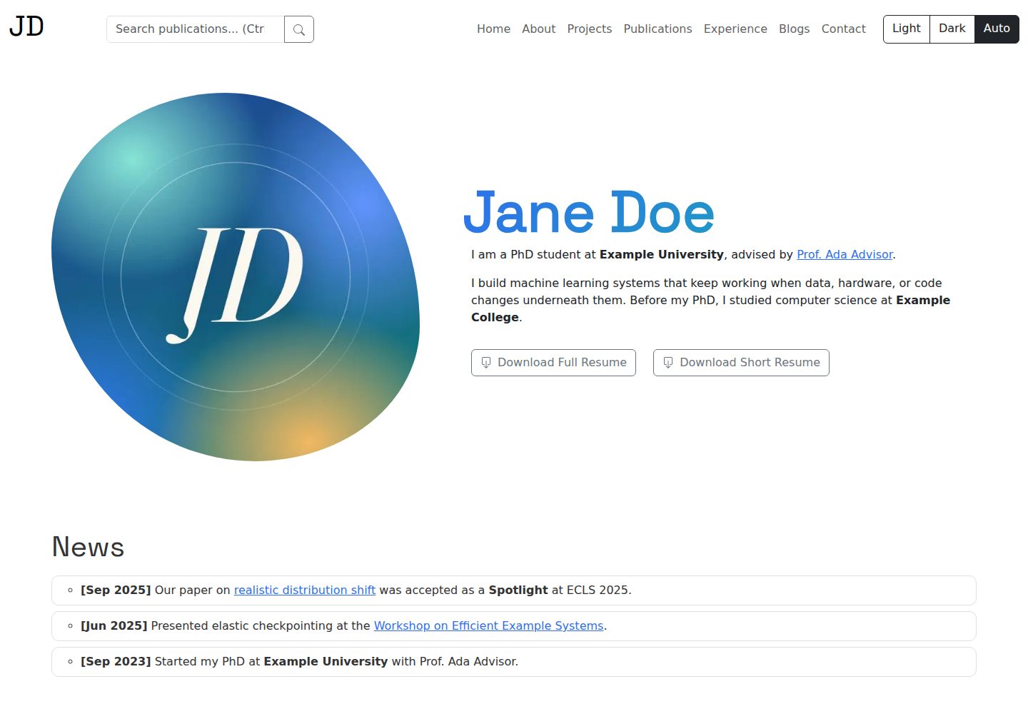 academic-site-template · Desktop homepage