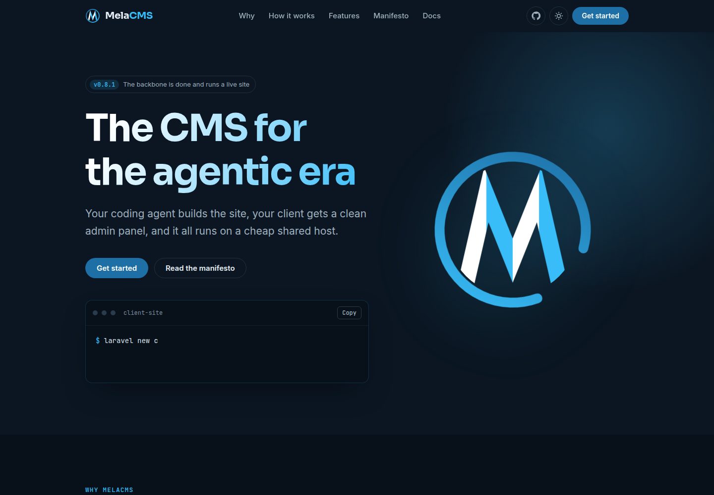 mela-cms · Desktop homepage