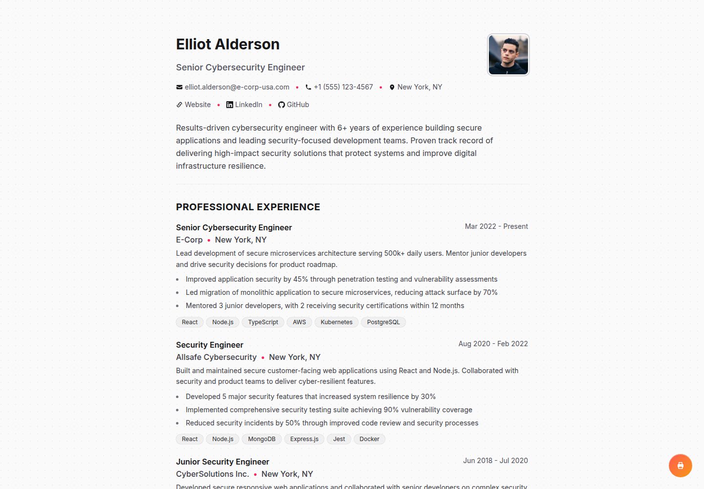 resume 网站模板截图