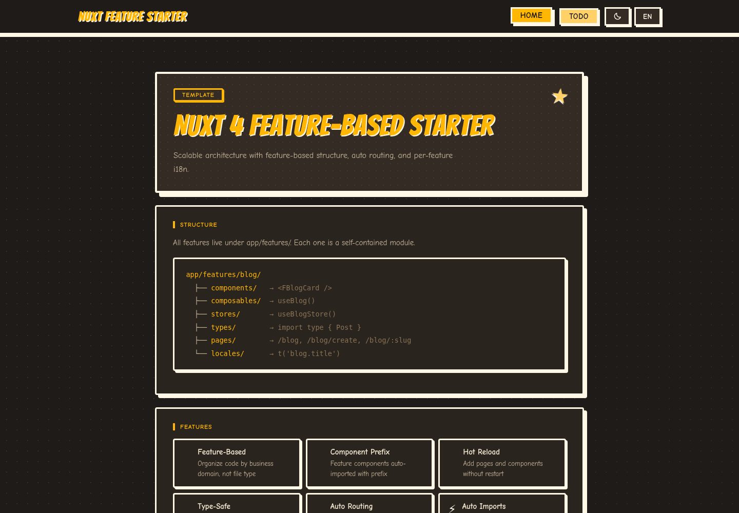 nuxt-feature-starter 网站模板截图