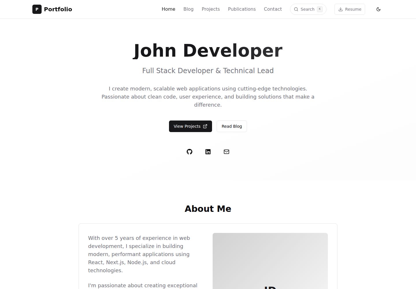 nextjs-portfolio-template · Desktop homepage
