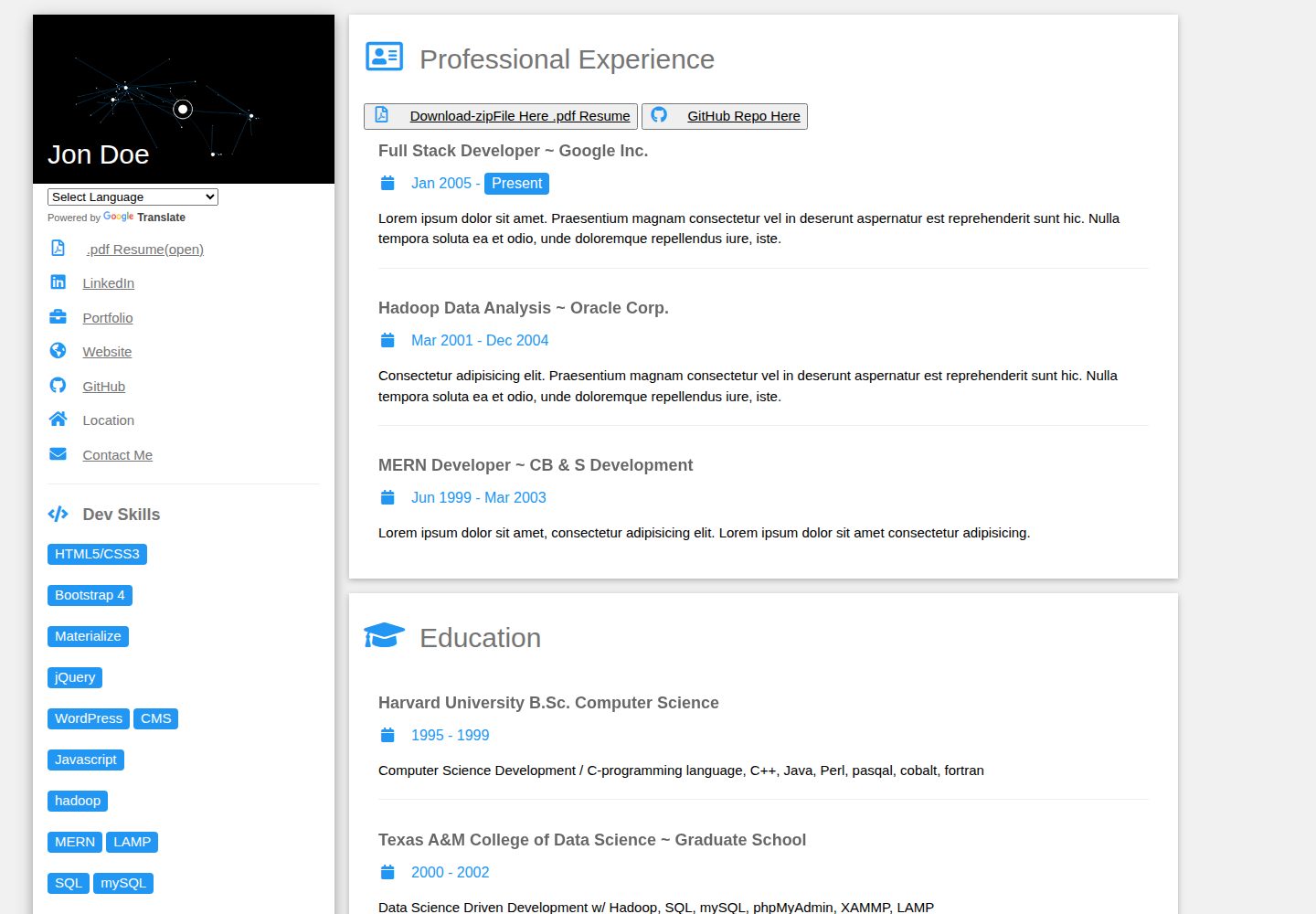 responsive-html-css3-resume-template · 桌面端首页