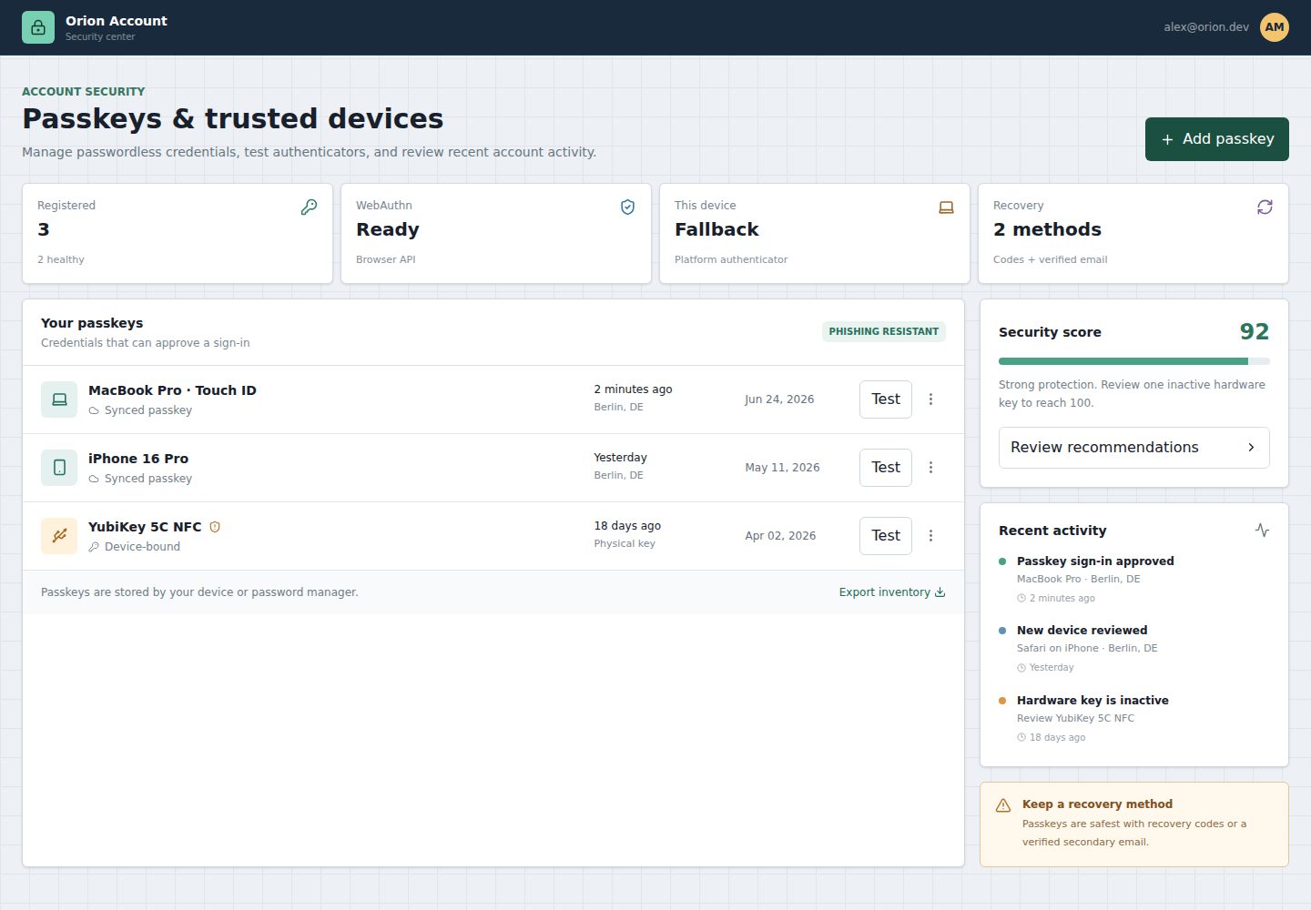 preact-auth-passkey-center · 桌面端首页