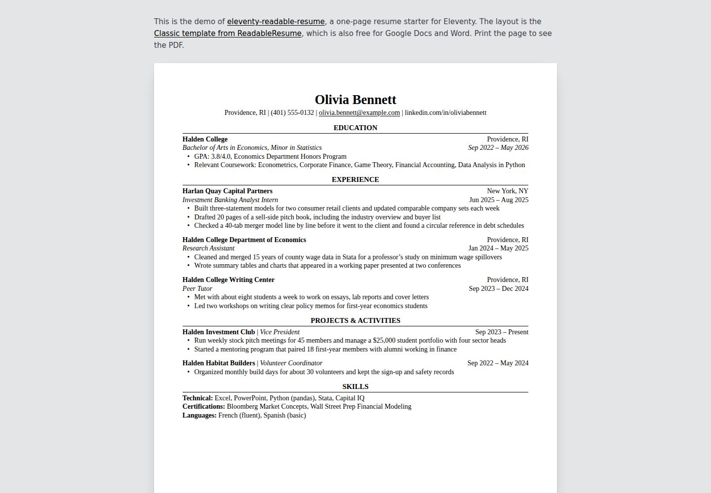 eleventy-readable-resume · Desktop homepage