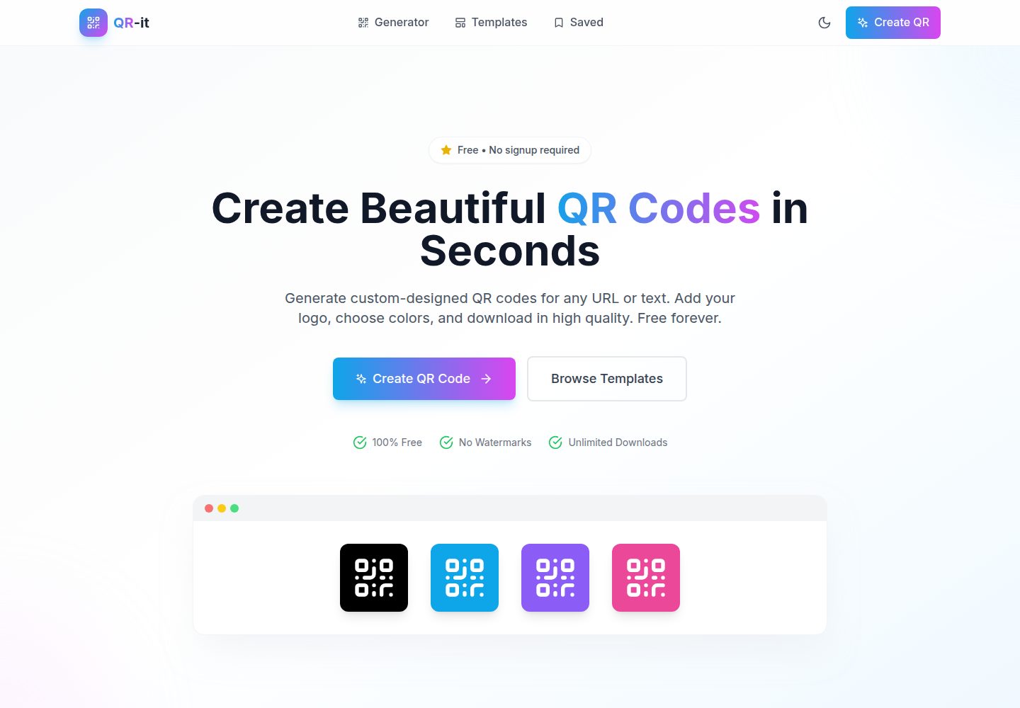 QR-it · Desktop homepage