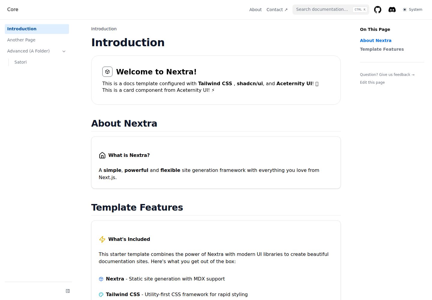 nextra-tailwind-shadcn-starter · Desktop homepage