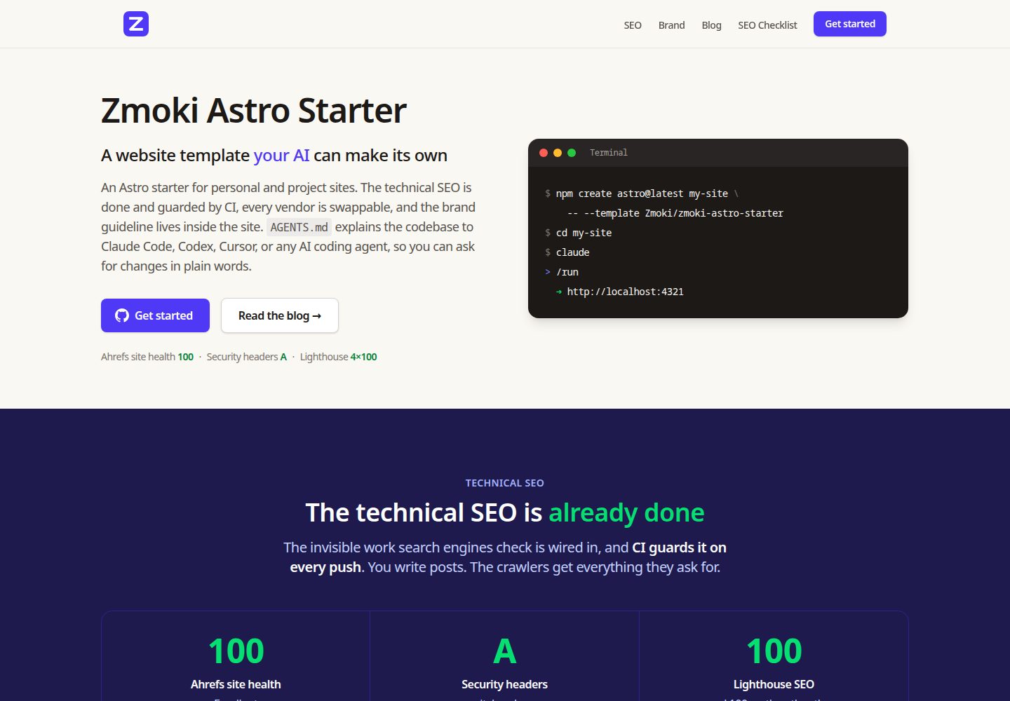 zmoki-astro-starter 网站模板截图