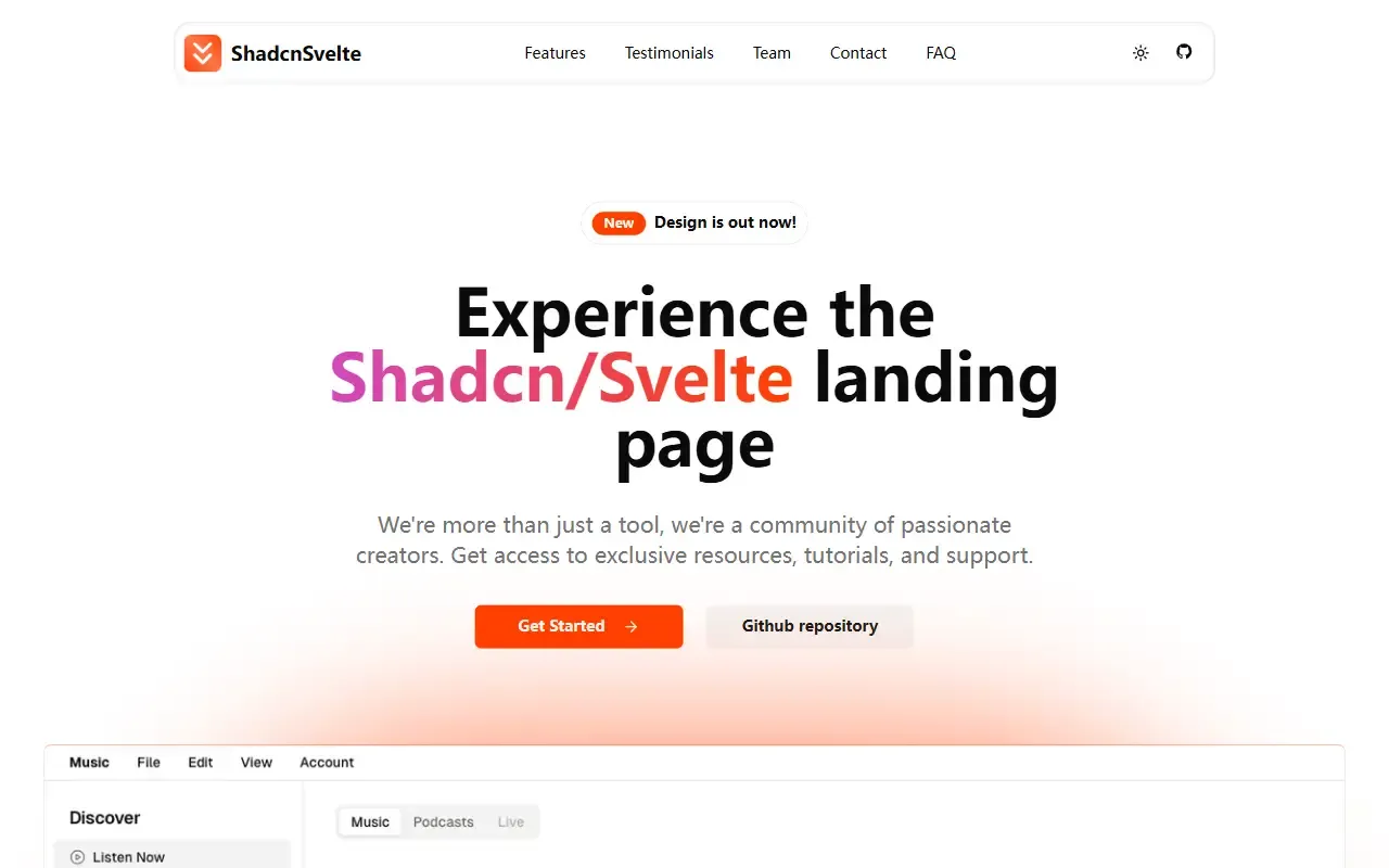 shadcn-sveltekit-landing-page · 桌面端首页
