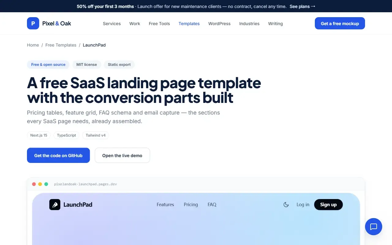 launchpad-nextjs-saas-template · 桌面端首页