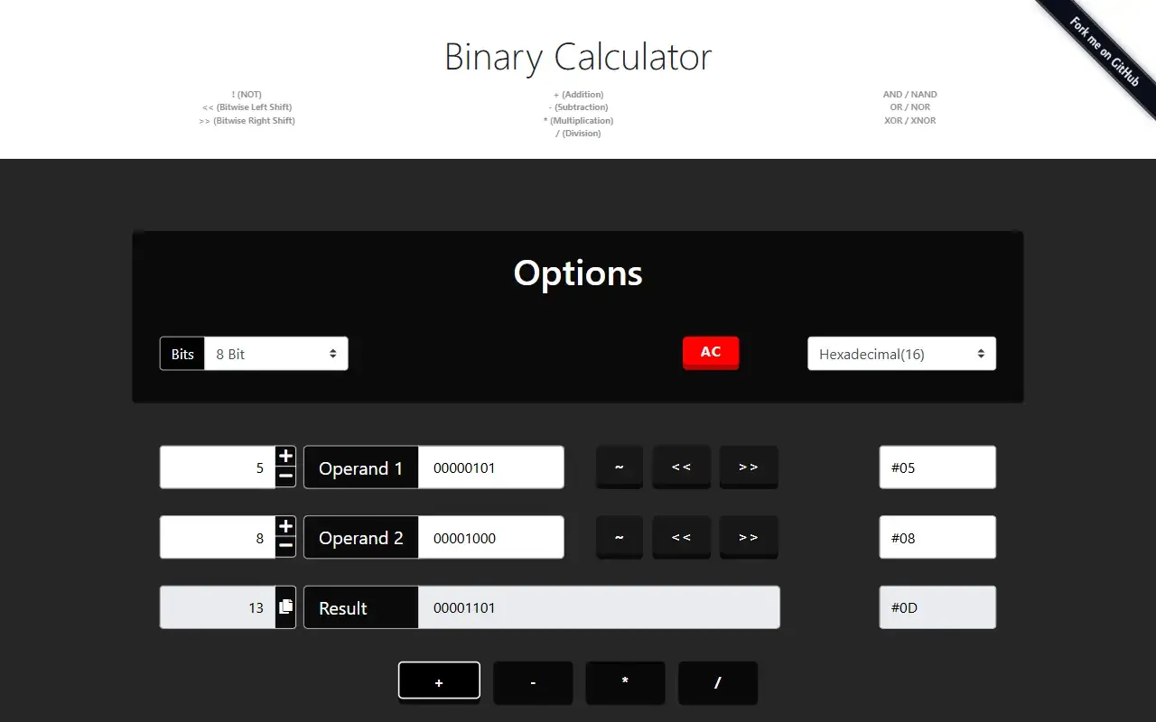 Binary Calculator JavaScript · 桌面端首页