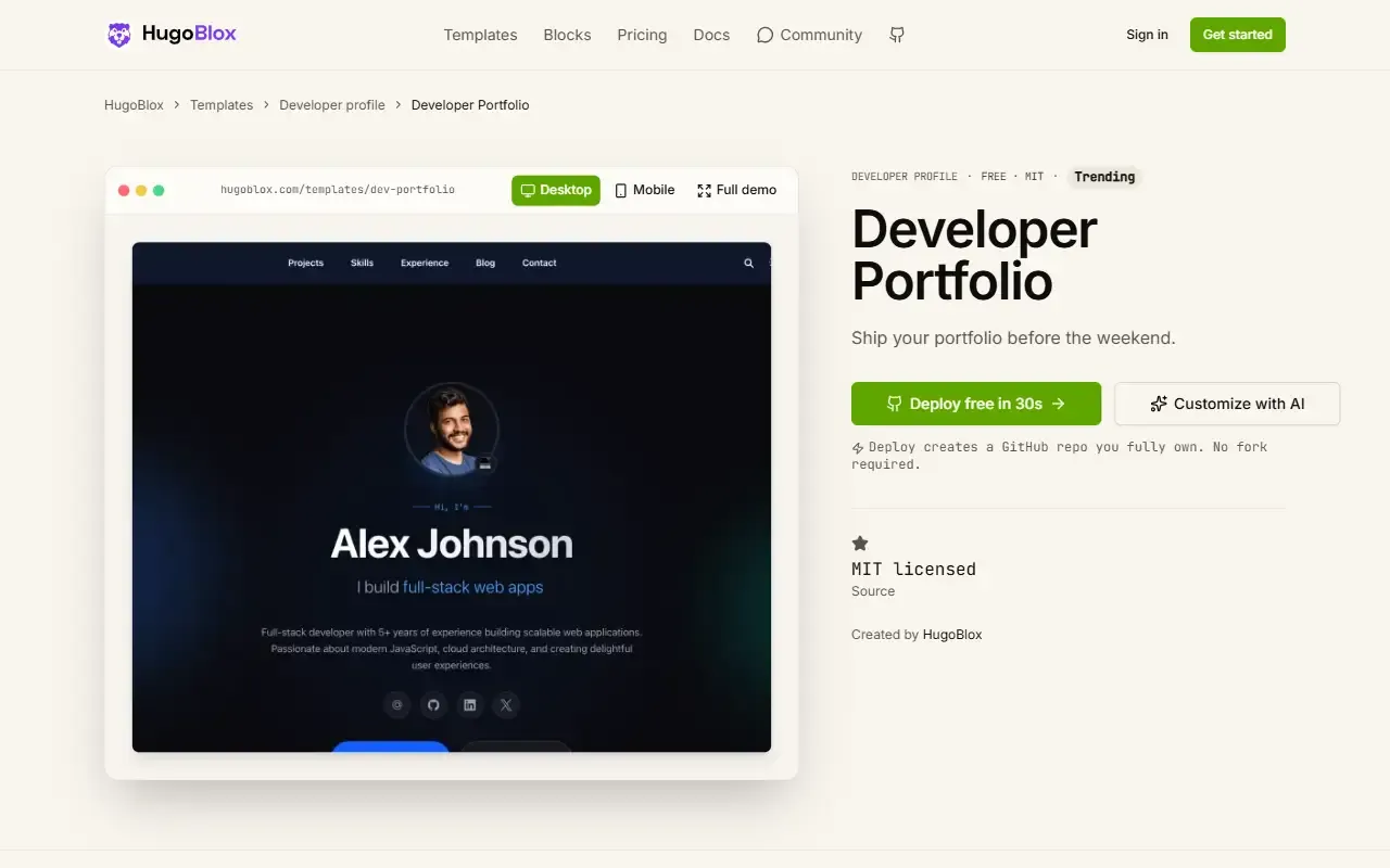 hugo-theme-developer-portfolio · 桌面端首页