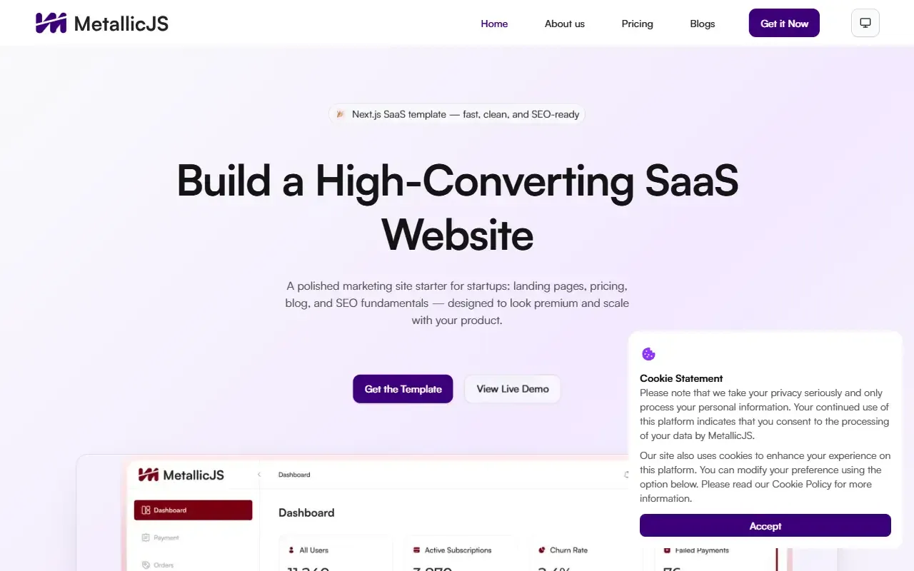 nextjs-saas-landing · 桌面端首页