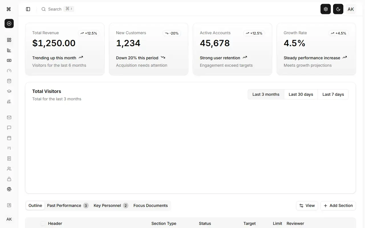 Modern-Admin-Dashboard-Template-built-with-Shadcn-UI-and-Next.js-16 · 桌面端首页