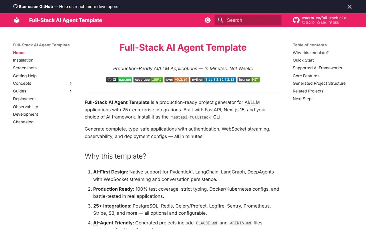 full-stack-ai-agent-template · 桌面端首页