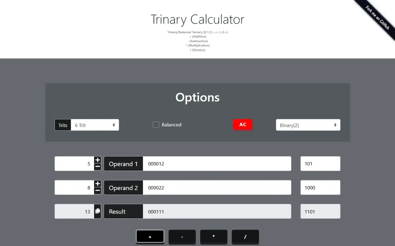 Trinary Calculator JavaScript · 桌面端首页
