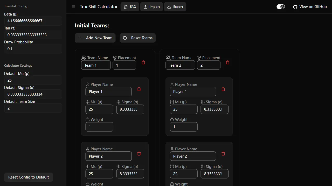 TrueSkill Calculator 网站模板截图