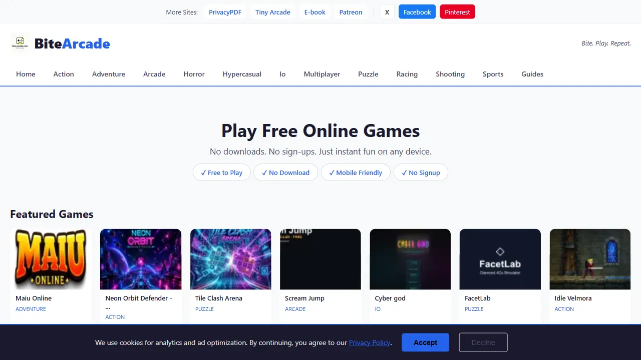 bite arcade 网站模板截图