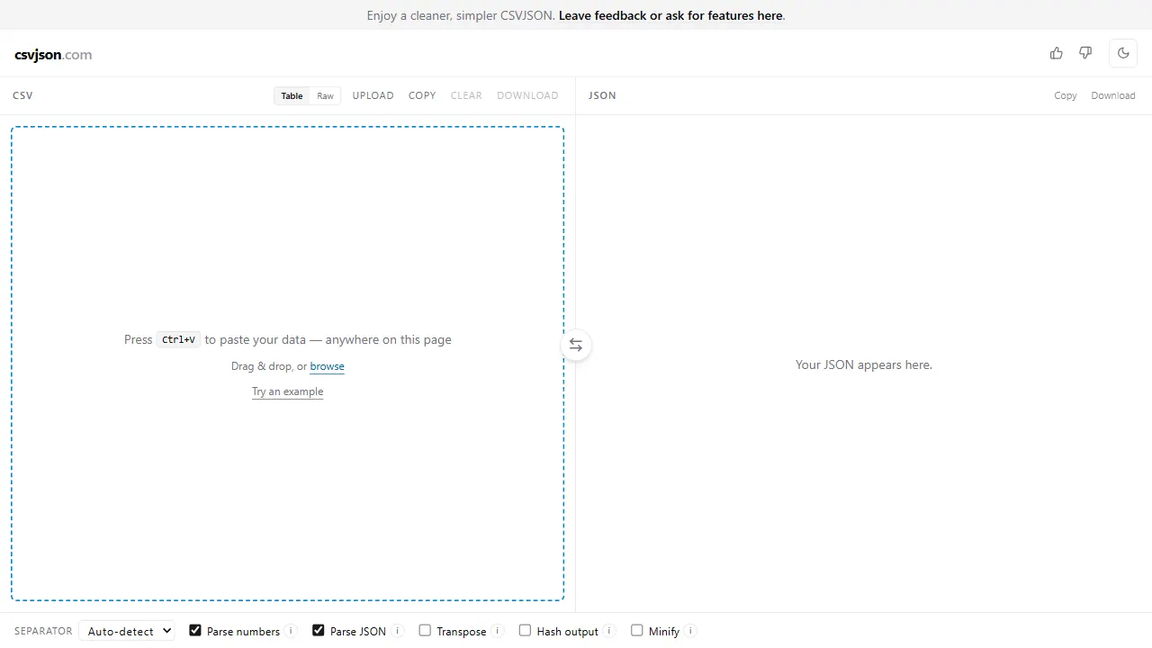 csvjson csv2json 网站模板截图