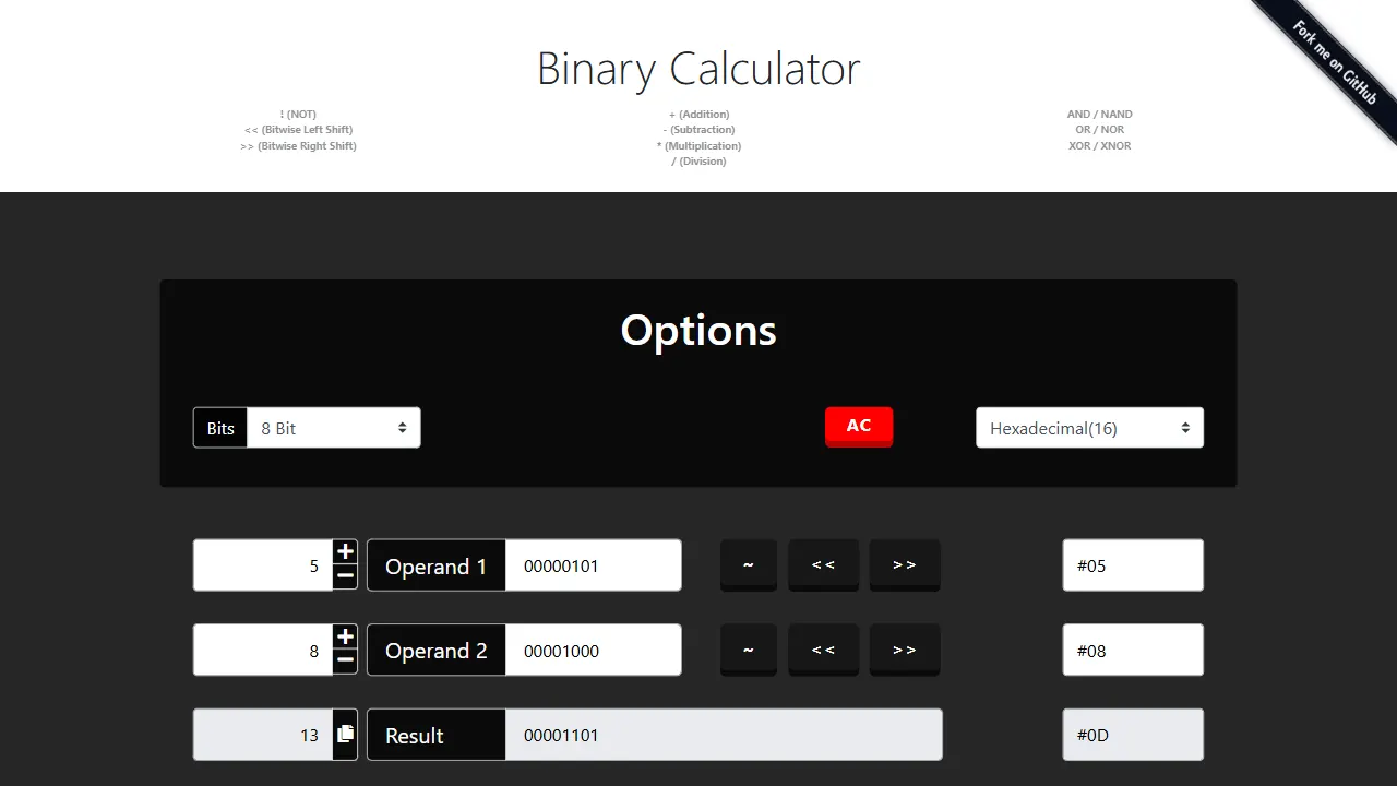 Binary Calculator JavaScript 网站模板截图