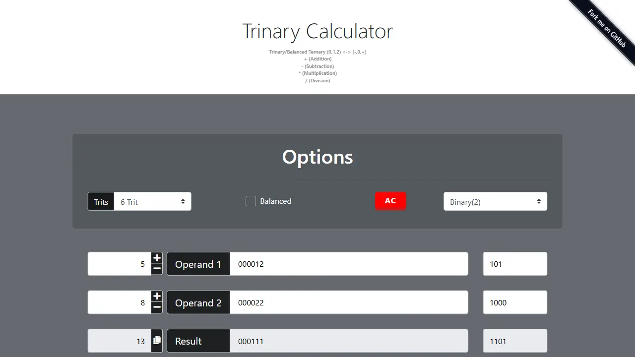 Trinary Calculator JavaScript 网站模板截图