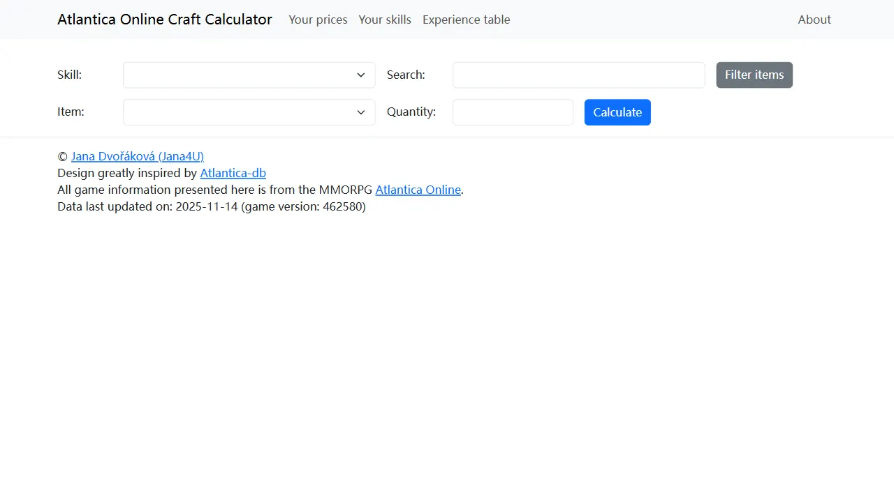 atlantica online craft calculator web 网站模板截图