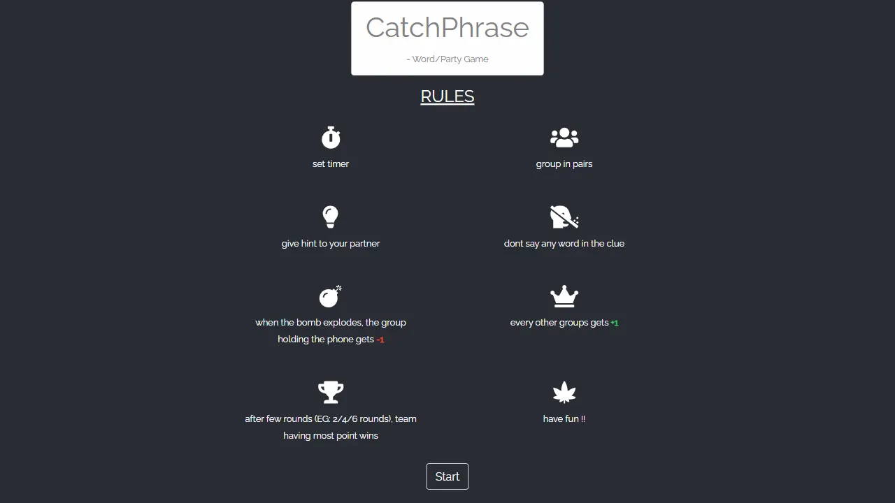 catchphrase word game react pwa 网站模板截图