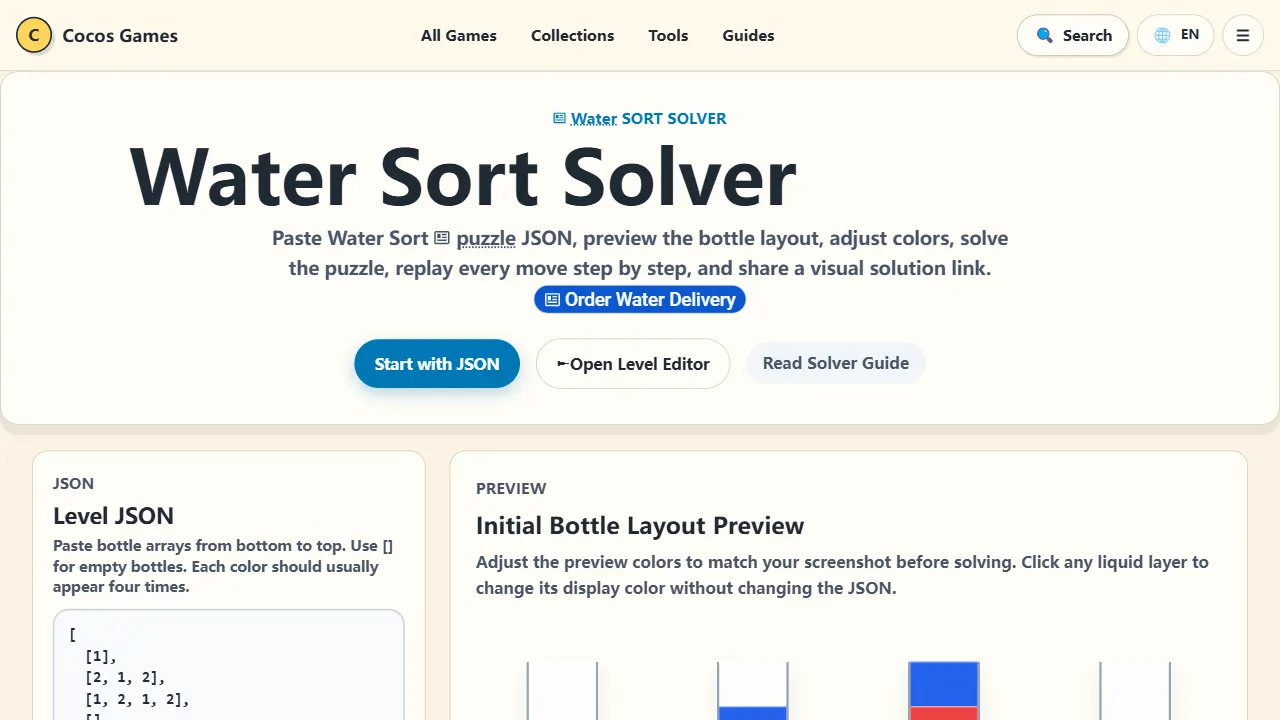 water sort game editor 网站模板截图